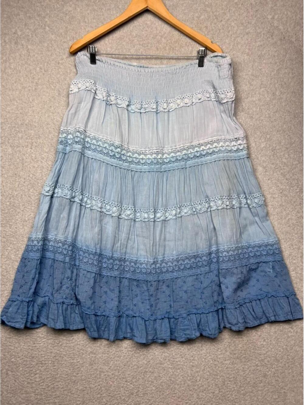 Blue Ombre Tiered Maxi Skirt Boho Cottagecore Crochet Lace Fairy Core Peasant L